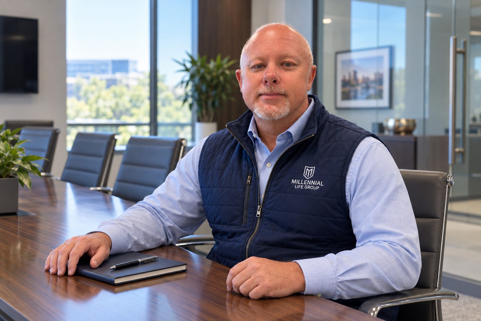 James Michael Kaufer seated at a conference room table with a notebook and pen, wearing a Millennial Life Group vest