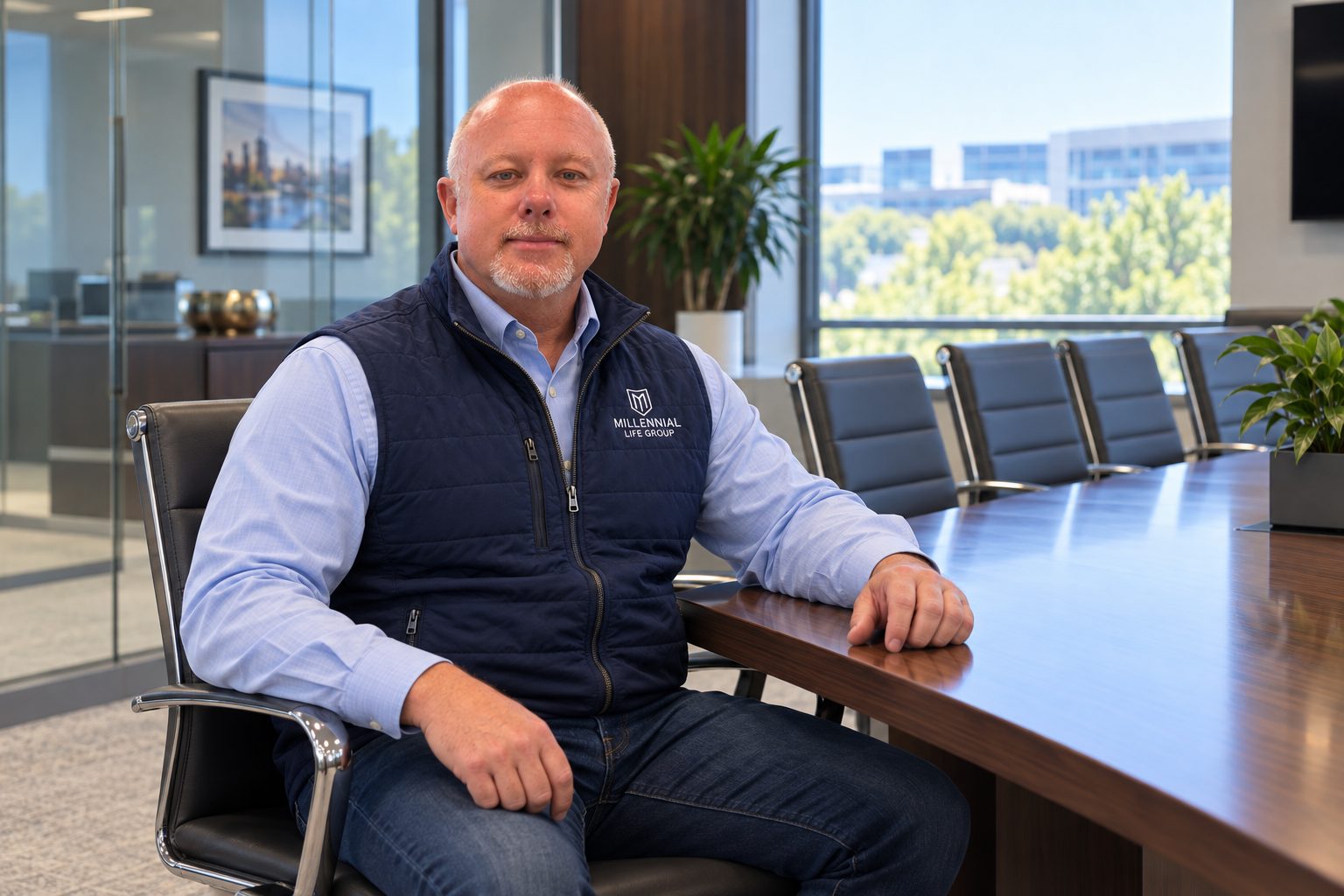 James Kaufer of Millennial Life Group seated at the end of a long conference table in a bright office