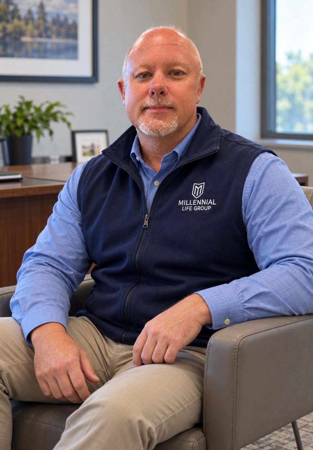 James Michael Kaufer of Millennial Life Group seated in an office armchair, wearing a navy Millennial Life Group vest
